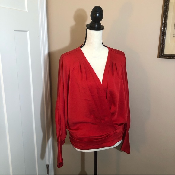 Express Red Long sleeve blouse cross front button cuffs (L) NEW WITH TAGS - Picture 1 of 9
